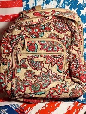 Vera Bradley Quilted Backpack in Red, Teal & Cream Floral